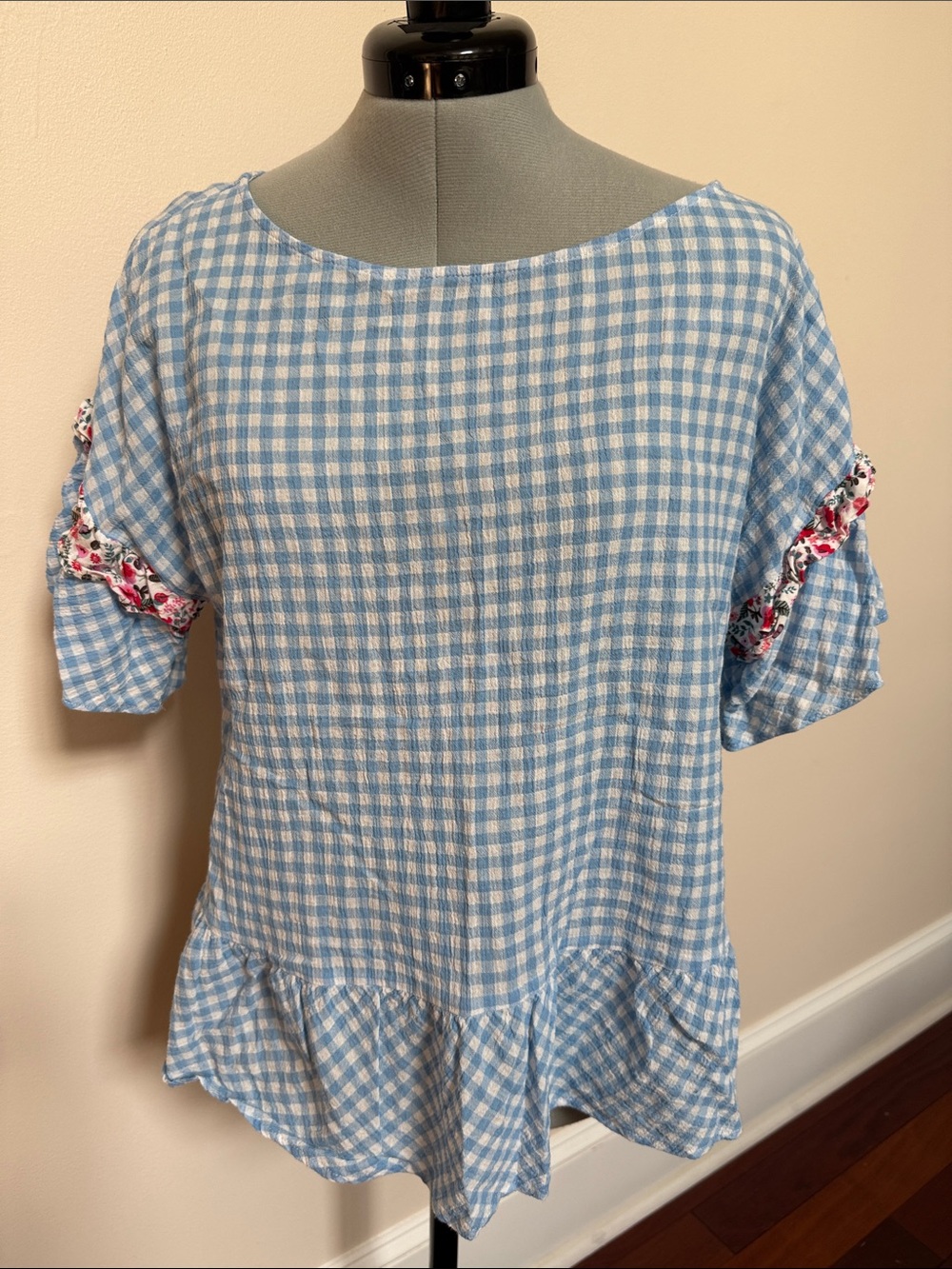 Matilda Jane Blue and White Gingham Peplum Tunic with Floral Trim